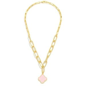 Pink Clover Necklace with Paper Clip Chain